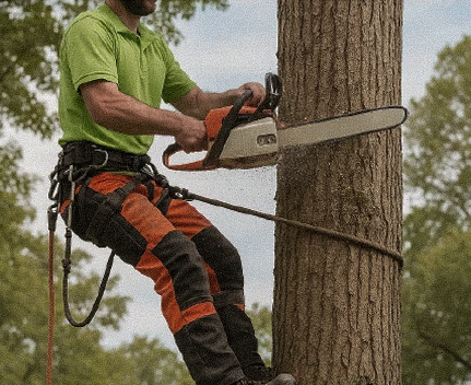 Élagueur équipé de son harnais et d’une tronçonneuse au travail dans un arbre